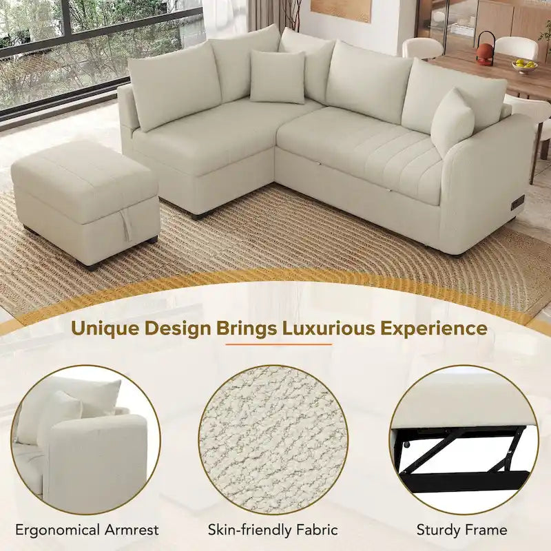 Divano Letto con penisola a L estraibile MERAX con Pouf Contenitore