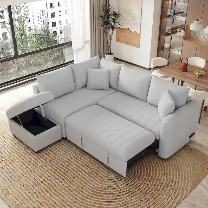 Divano Letto con penisola a L estraibile MERAX con Pouf Contenitore