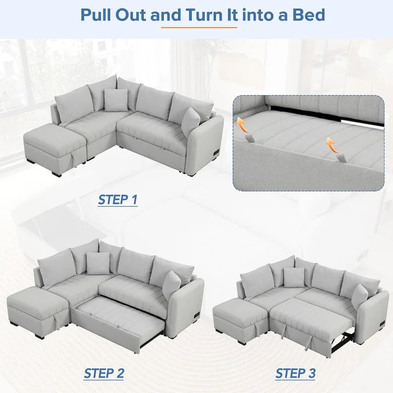 Divano Letto con penisola a L estraibile MERAX con Pouf Contenitore