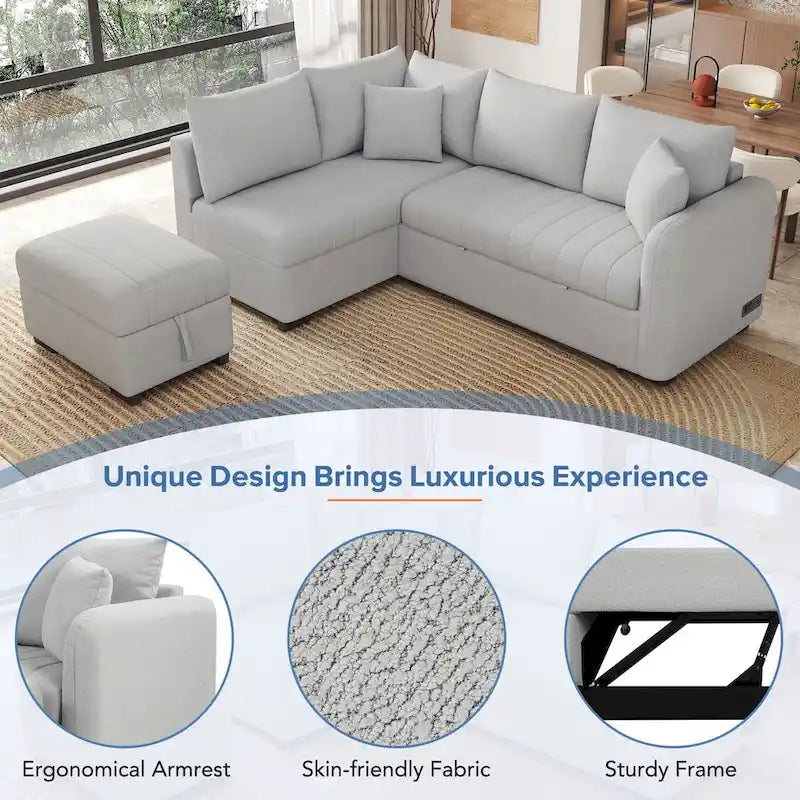 Divano Letto con penisola a L estraibile MERAX con Pouf Contenitore