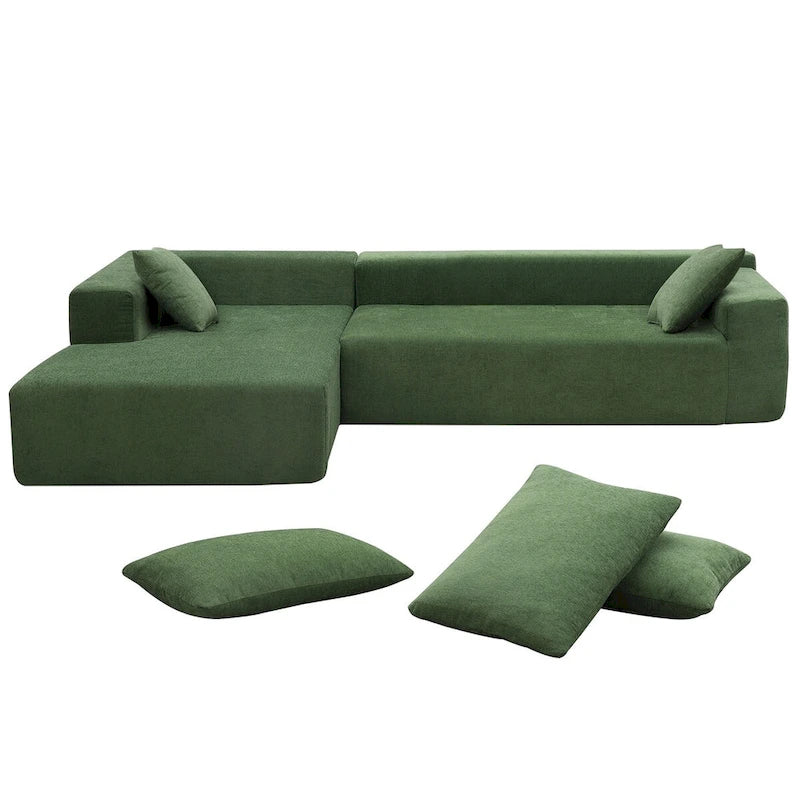 Canapé d'angle modulable en L vert de 277 cm, au design minimaliste, avec deux éléments combinables - 277 larg. x 173 prof. x 72,4 haut. (cm)