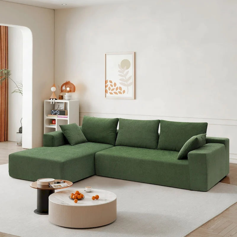 Divano Sezionale Imbottito Minimalista a L Modulare Verde da 277 cm con Combinazione a Due Pezzi - 277L x 173P x 72A cm