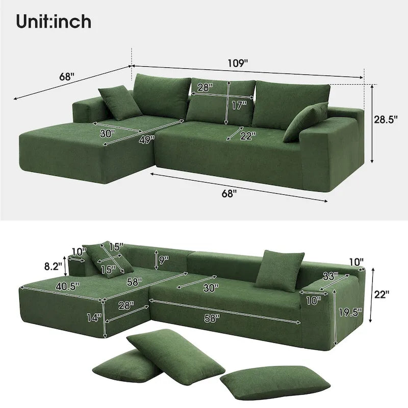 Divano Sezionale Imbottito Minimalista a L Modulare Verde da 277 cm con Combinazione a Due Pezzi - 277L x 173P x 72A cm