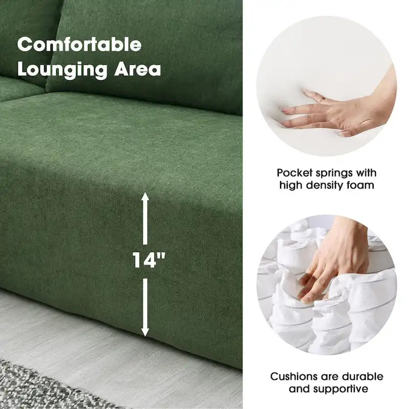 Divano Sezionale Imbottito Minimalista a L Modulare Verde da 277 cm con Combinazione a Due Pezzi - 277L x 173P x 72A cm