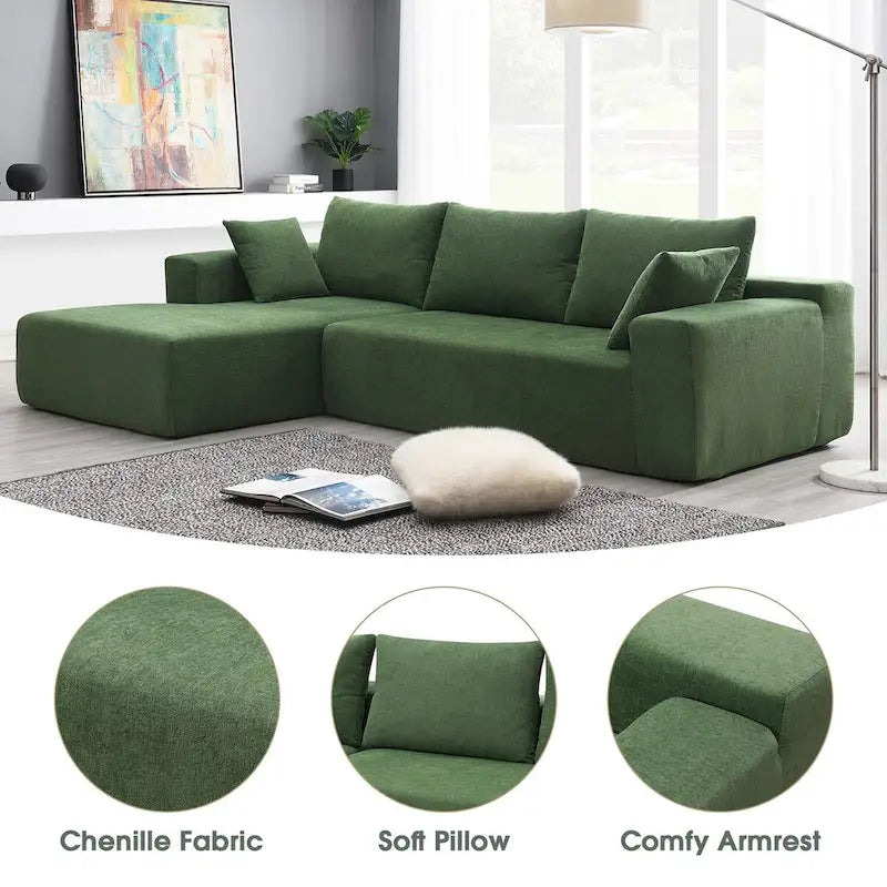 Divano Sezionale Imbottito Minimalista a L Modulare Verde da 277 cm con Combinazione a Due Pezzi - 277L x 173P x 72A cm