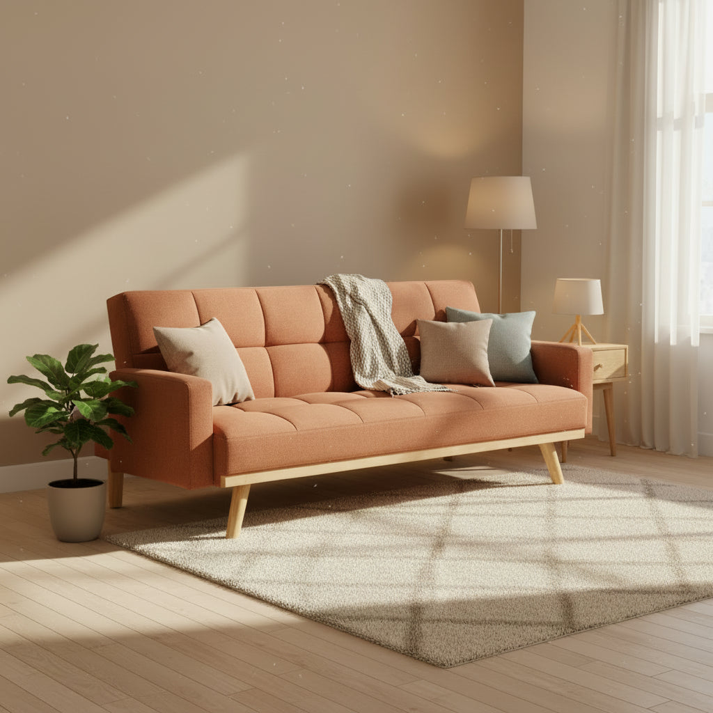 Kori 78 Inch Sofa Futon Bed with Tufted Back, Angled Legs, Orange Fabric