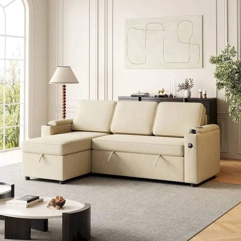 85.8 Upholstery Sleeper Sectional Sofa Pull Out Sofa Bed with Storage Space