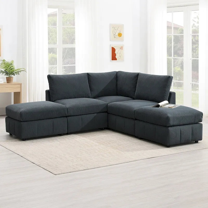 Divano Sezionale Moderno a L 5 Posti, Set Divano Senza Braccioli, Pouf, Varie Combinazioni, Grigio Scuro