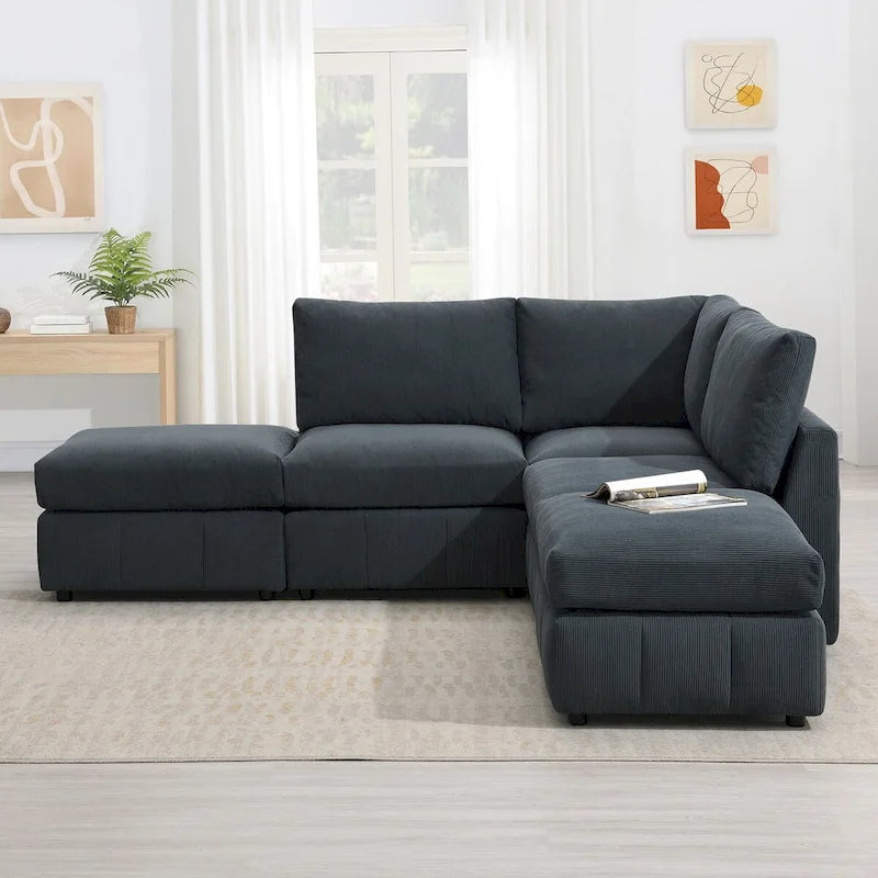 Divano Sezionale Moderno a L 5 Posti, Set Divano Senza Braccioli, Pouf, Varie Combinazioni, Grigio Scuro