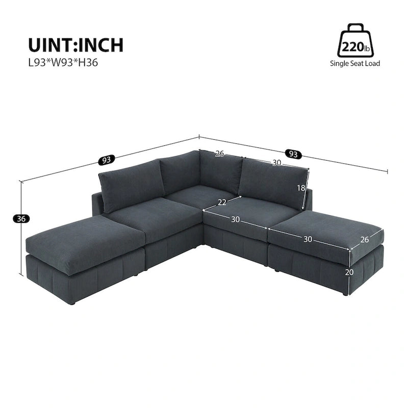 Divano Sezionale Moderno a L 5 Posti, Set Divano Senza Braccioli, Pouf, Varie Combinazioni, Grigio Scuro