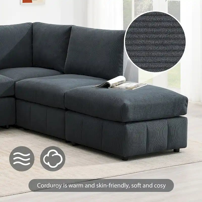 Divano Sezionale Moderno a L 5 Posti, Set Divano Senza Braccioli, Pouf, Varie Combinazioni, Grigio Scuro