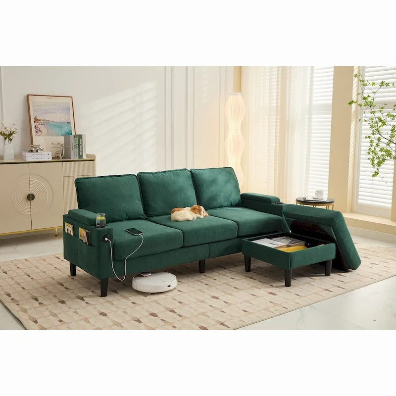 Canapé d'angle 3 places avec pouf de rangement
