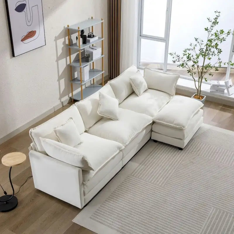 Divano a L da 285 cm in ciniglia con rivestimento per soggiorno, divano moderno di lusso con pouf