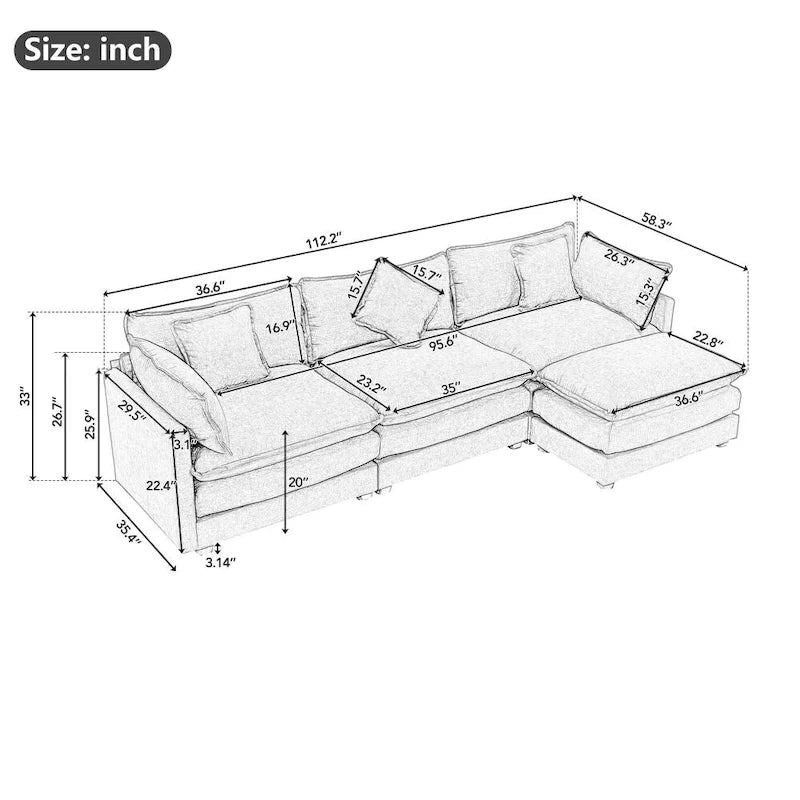 Divano a L da 285 cm in ciniglia con rivestimento per soggiorno, divano moderno di lusso con pouf