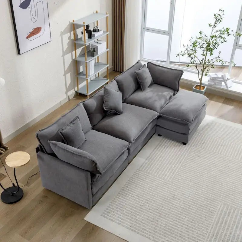 Divano a L da 285 cm in ciniglia con rivestimento per soggiorno, divano moderno di lusso con pouf