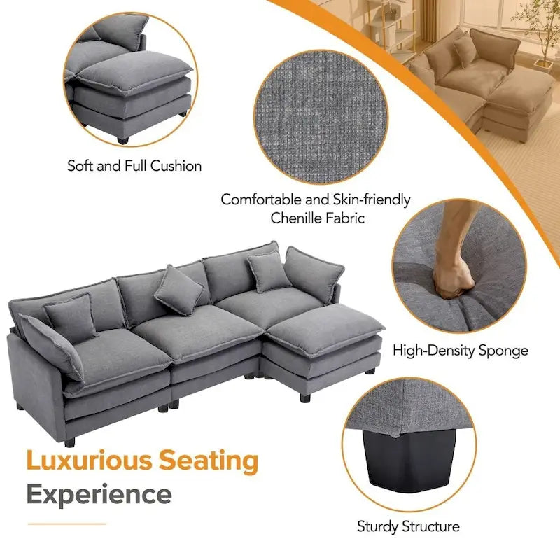 Divano a L da 285 cm in ciniglia con rivestimento per soggiorno, divano moderno di lusso con pouf