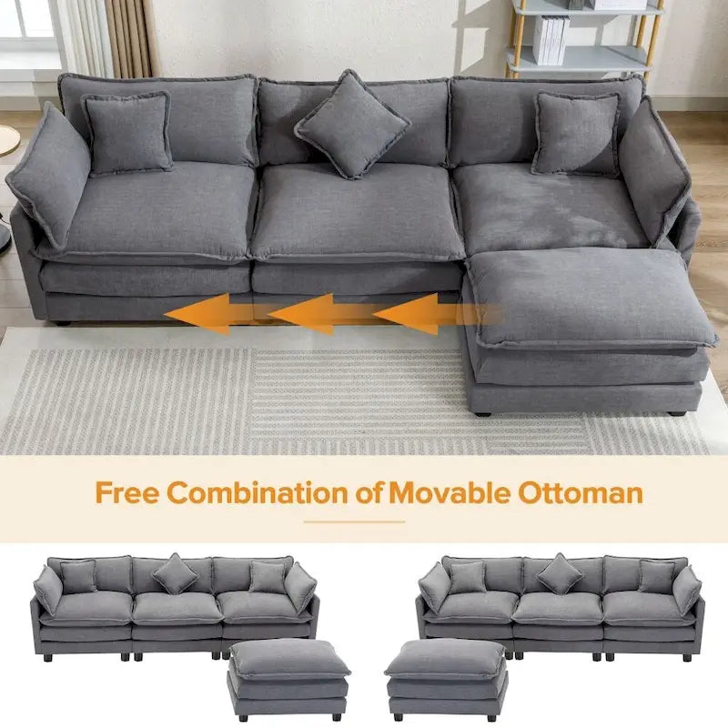 Divano a L da 285 cm in ciniglia con rivestimento per soggiorno, divano moderno di lusso con pouf