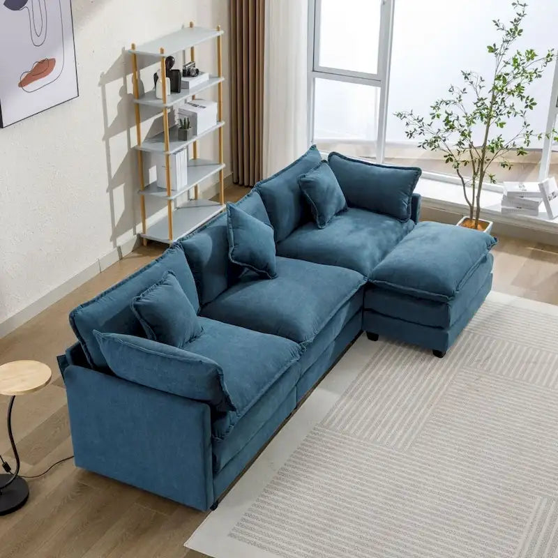 Divano a L da 285 cm in ciniglia con rivestimento per soggiorno, divano moderno di lusso con pouf