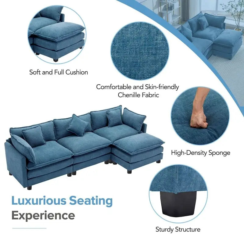 Divano a L da 285 cm in ciniglia con rivestimento per soggiorno, divano moderno di lusso con pouf