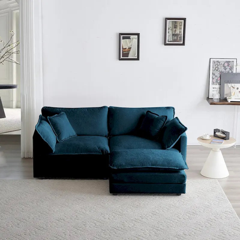 Divano componibile a due posti in ciniglia blu con pouf, divanetto modulare per piccoli spazi abitativi