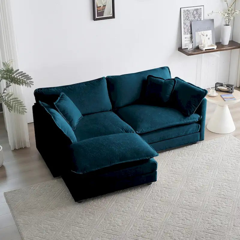 Divano componibile a due posti in ciniglia blu con pouf, divanetto modulare per piccoli spazi abitativi