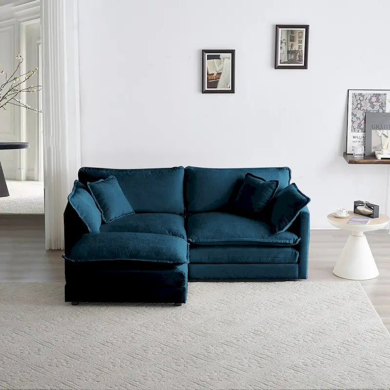 Divano componibile a due posti in ciniglia blu con pouf, divanetto modulare per piccoli spazi abitativi