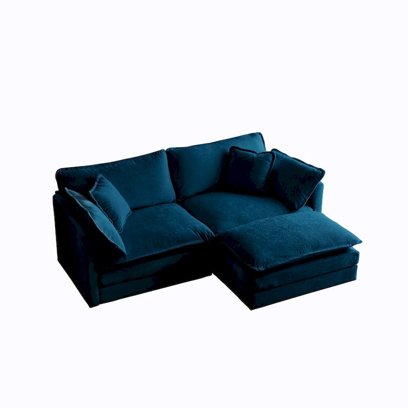 Divano componibile a due posti in ciniglia blu con pouf, divanetto modulare per piccoli spazi abitativi