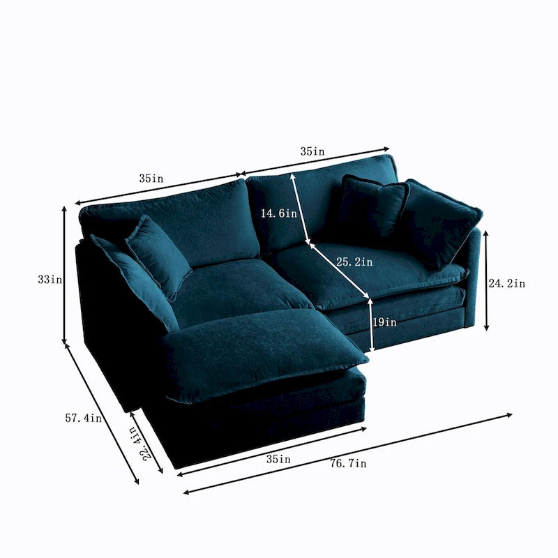 Divano componibile a due posti in ciniglia blu con pouf, divanetto modulare per piccoli spazi abitativi