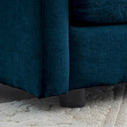 Divano componibile a due posti in ciniglia blu con pouf, divanetto modulare per piccoli spazi abitativi