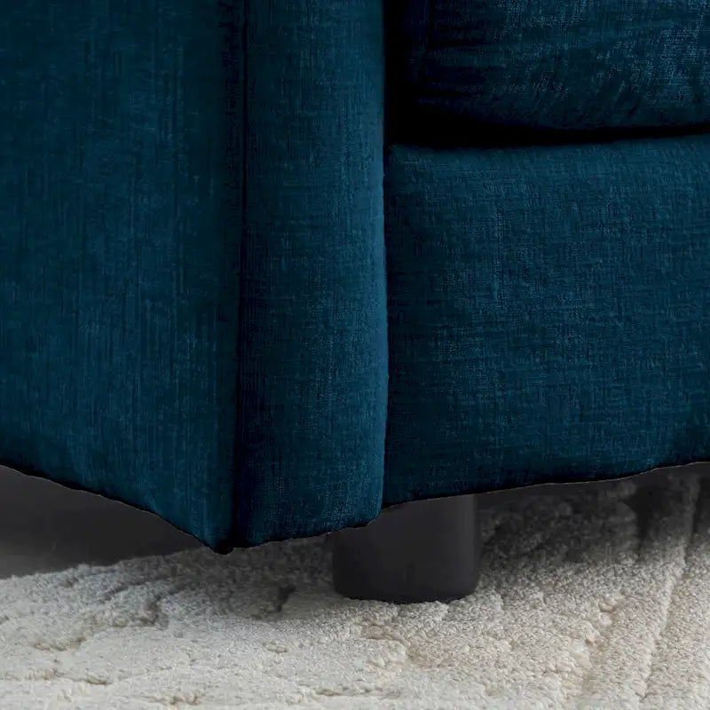 Divano componibile a due posti in ciniglia blu con pouf, divanetto modulare per piccoli spazi abitativi