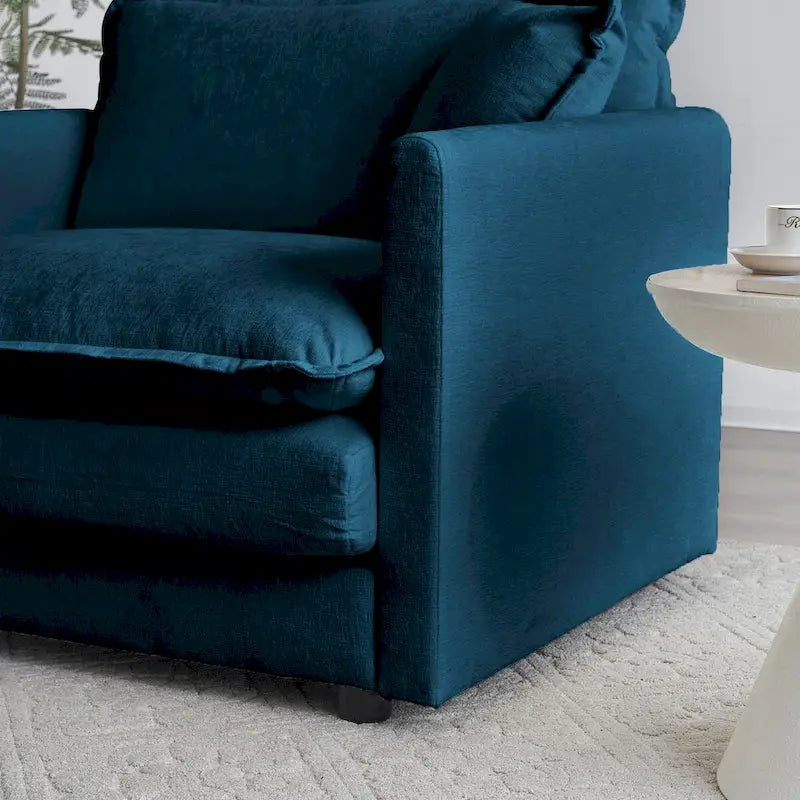 Divano componibile a due posti in ciniglia blu con pouf, divanetto modulare per piccoli spazi abitativi