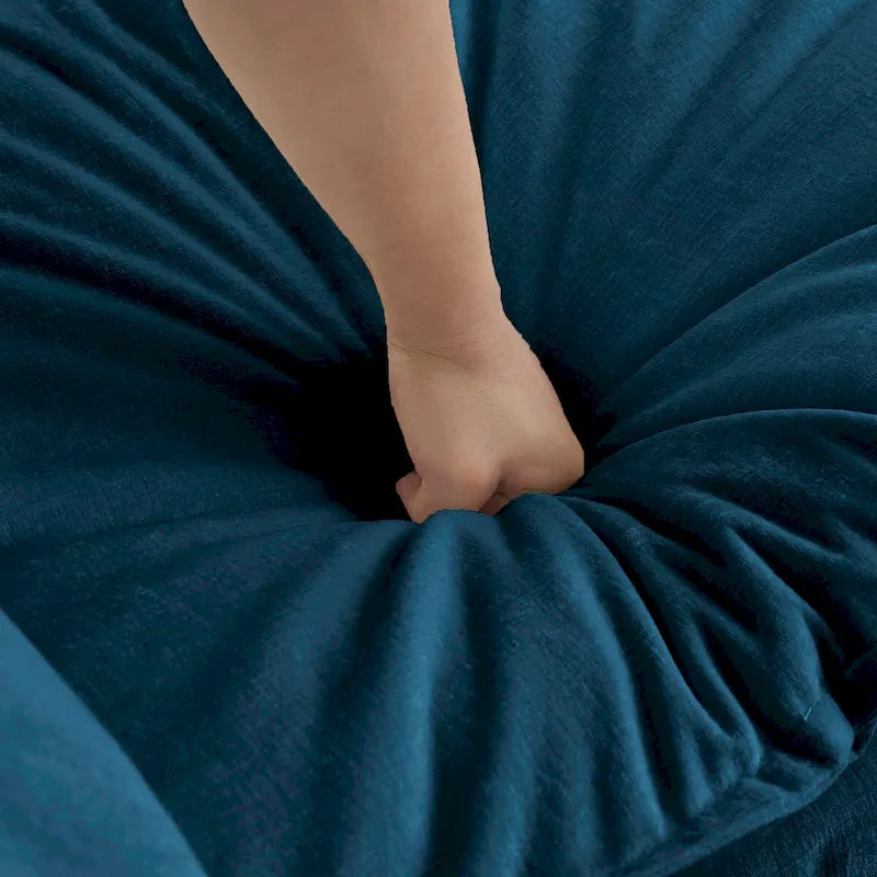 Divano componibile a due posti in ciniglia blu con pouf, divanetto modulare per piccoli spazi abitativi