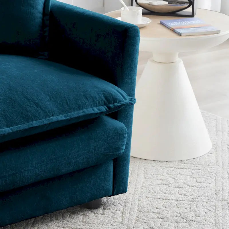 Divano componibile a due posti in ciniglia blu con pouf, divanetto modulare per piccoli spazi abitativi