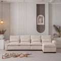 Elegante Divano Modulare in Ciniglia con Pouf Reversibile, Porte USB e Porta Bicchieri, Beige
