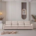 Elegante Divano Modulare in Ciniglia con Pouf Reversibile, Porte USB e Porta Bicchieri, Beige