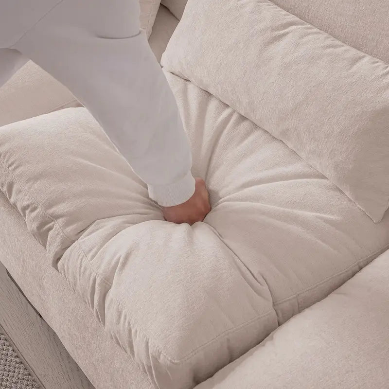 Elegante Divano Modulare in Ciniglia con Pouf Reversibile, Porte USB e Porta Bicchieri, Beige