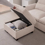 Elegante Divano Modulare in Ciniglia con Pouf Reversibile, Porte USB e Porta Bicchieri, Beige