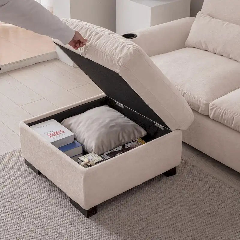 Elegante Divano Modulare in Ciniglia con Pouf Reversibile, Porte USB e Porta Bicchieri, Beige