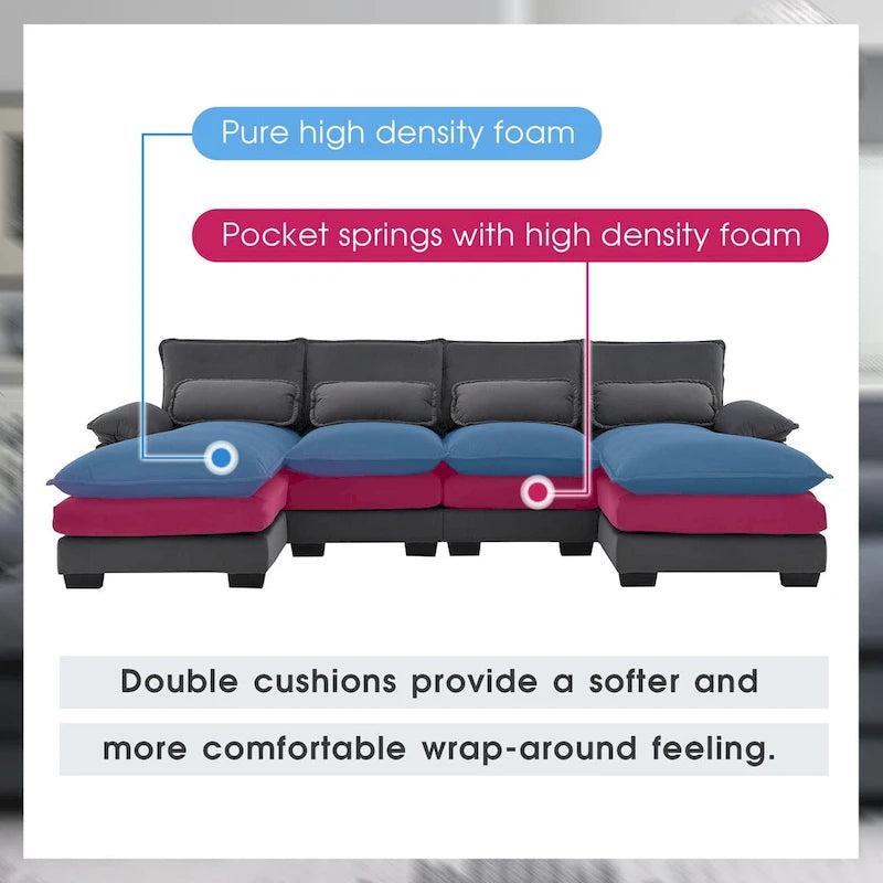 Divano Sezionale Modulare a U Moderno Grigio con Doppia Chaise Longue