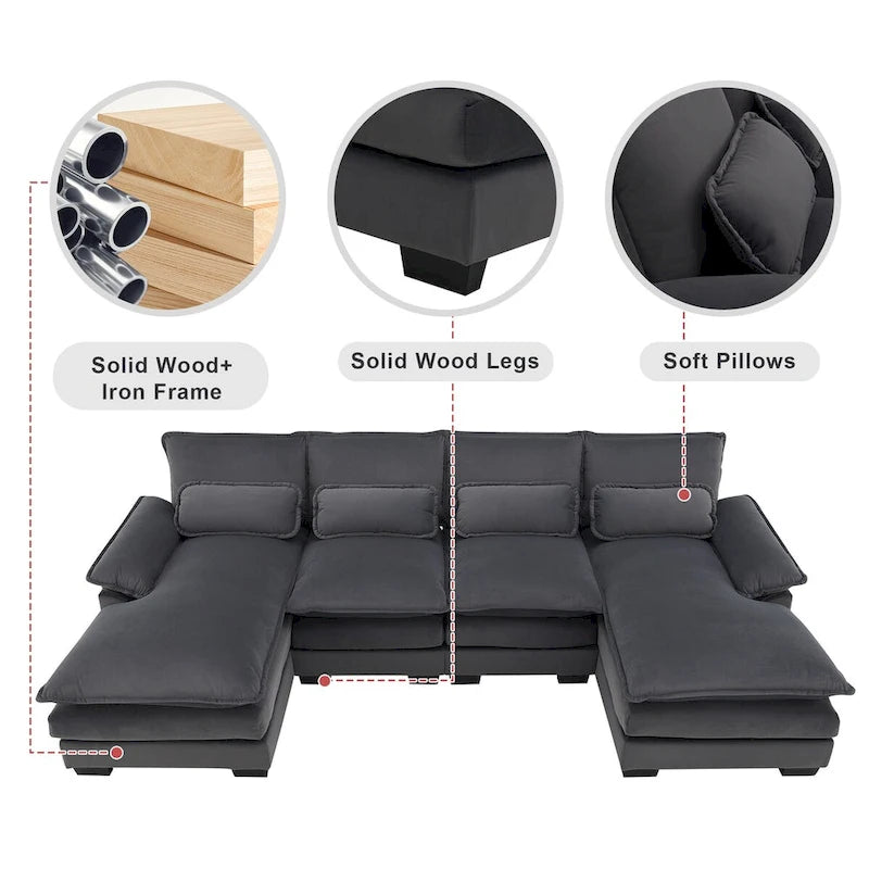 Divano Sezionale Modulare a U Moderno Grigio con Doppia Chaise Longue