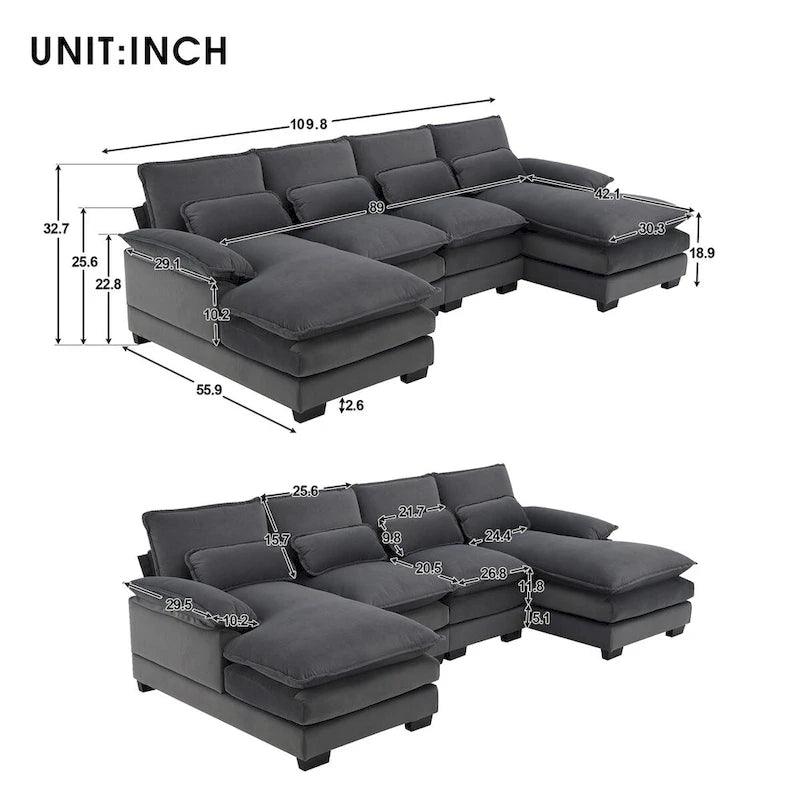 Divano Sezionale Modulare a U Moderno Grigio con Doppia Chaise Longue