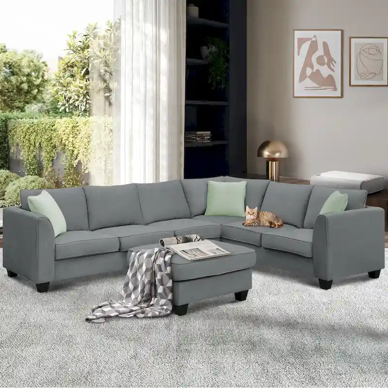 Divano sezionale modulare a L a 7 posti con pouf e 3 cuscini