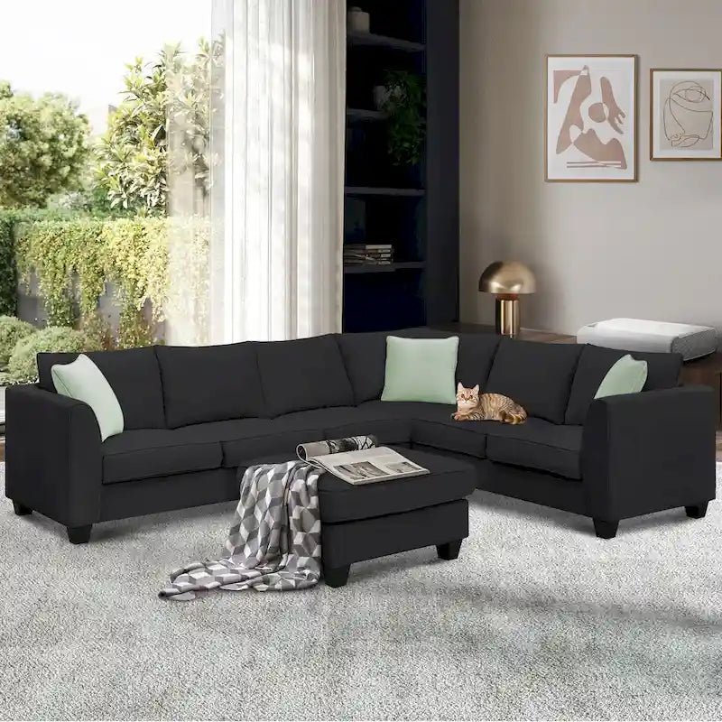 Divano sezionale modulare a L a 7 posti con pouf e 3 cuscini