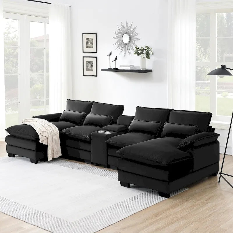 Modern U-shaped Sofa with Console,Cupholders and USB Ports,6-seat Upholstered Symmetrical Indoor Furniture,Black