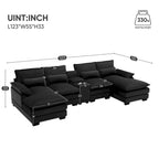 Canapé en U moderne avec console, porte-gobelets et ports USB, meubles d'intérieur rembourrés symétriques à 6 places, noir