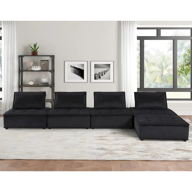 Divano modulare a 5 pezzi in velluto con pouf