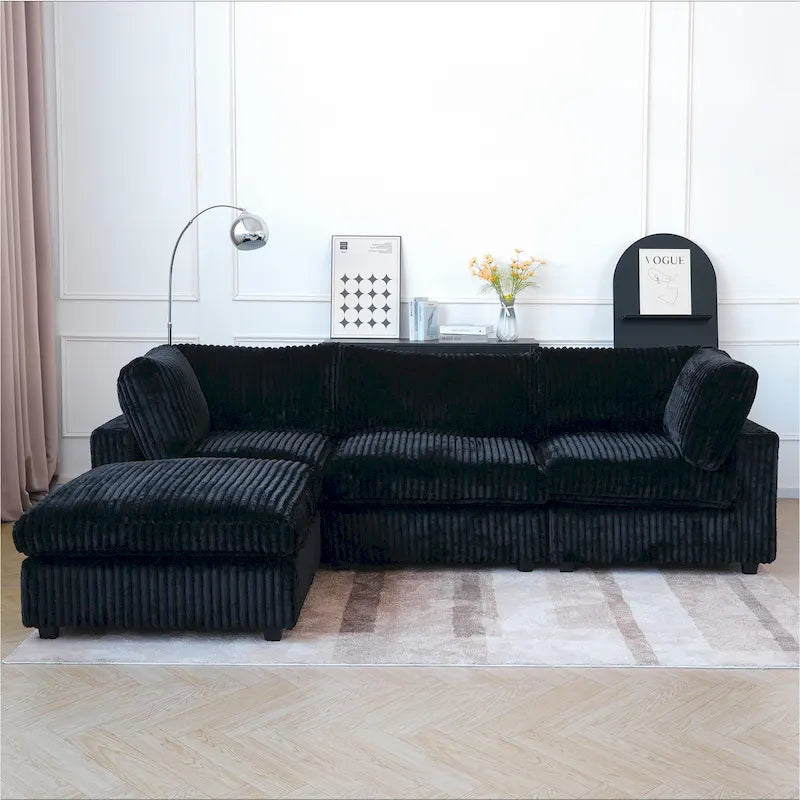 Divano componibile a L in tessuto di poliestere moderno con pouf