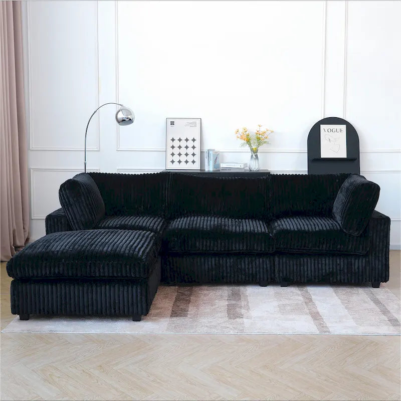 Divano componibile a L in tessuto di poliestere moderno con pouf