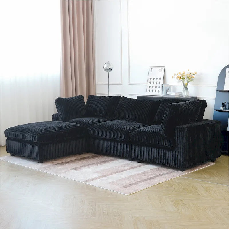 Divano componibile a L in tessuto di poliestere moderno con pouf