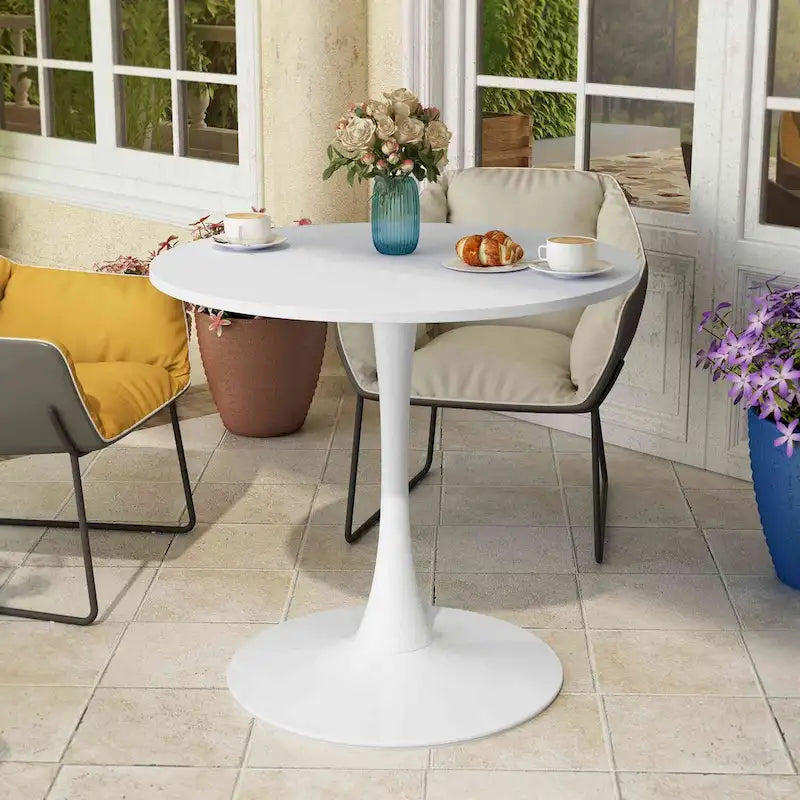 32Tavolo da pranzo moderno con base rotonda in metallo e piano in MDF